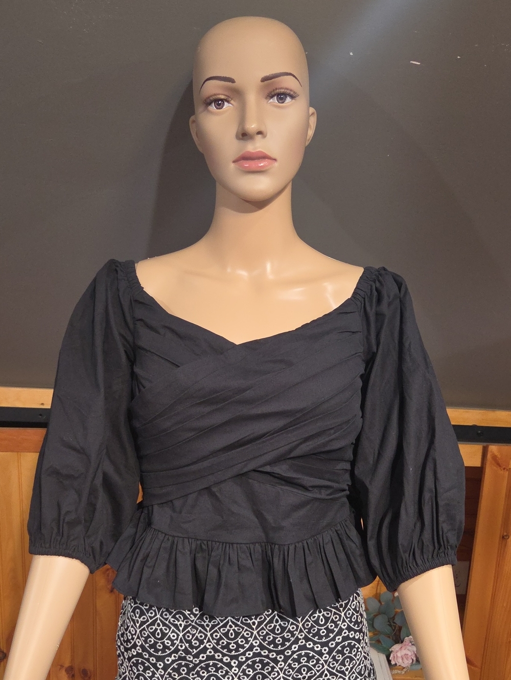 Express Black Puff-Sleeve Peplum Blouse